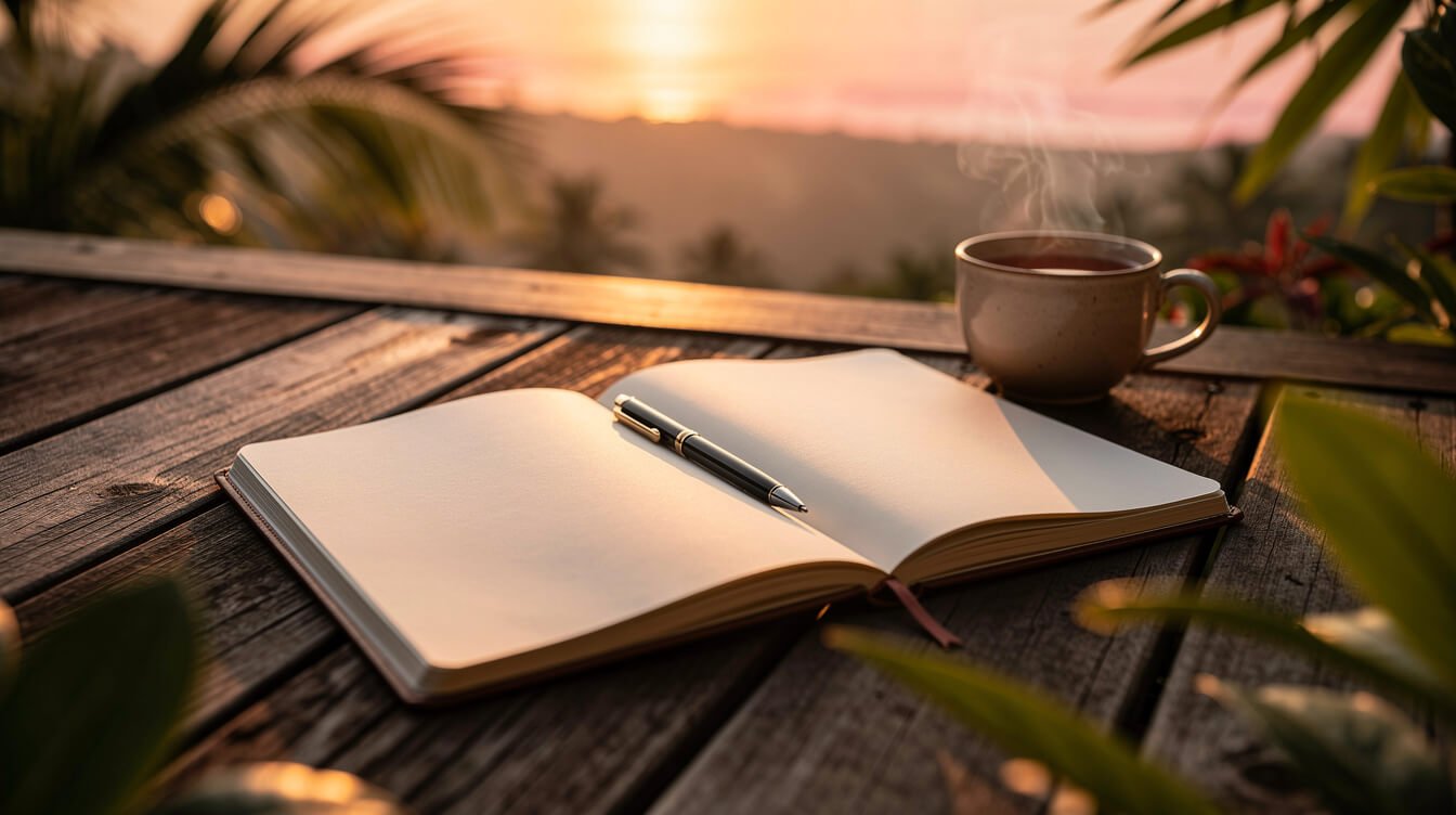 Open notebook on a wooden deck at sunset in Bali