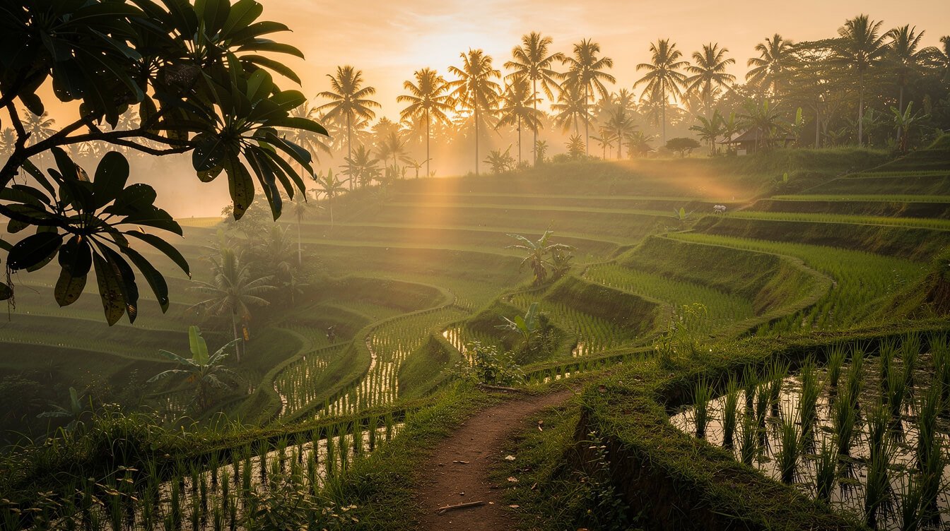 Misty Ubud rice terraces at sunrise with palm trees, an earthen path into the green valley and mango leaves in the foreground