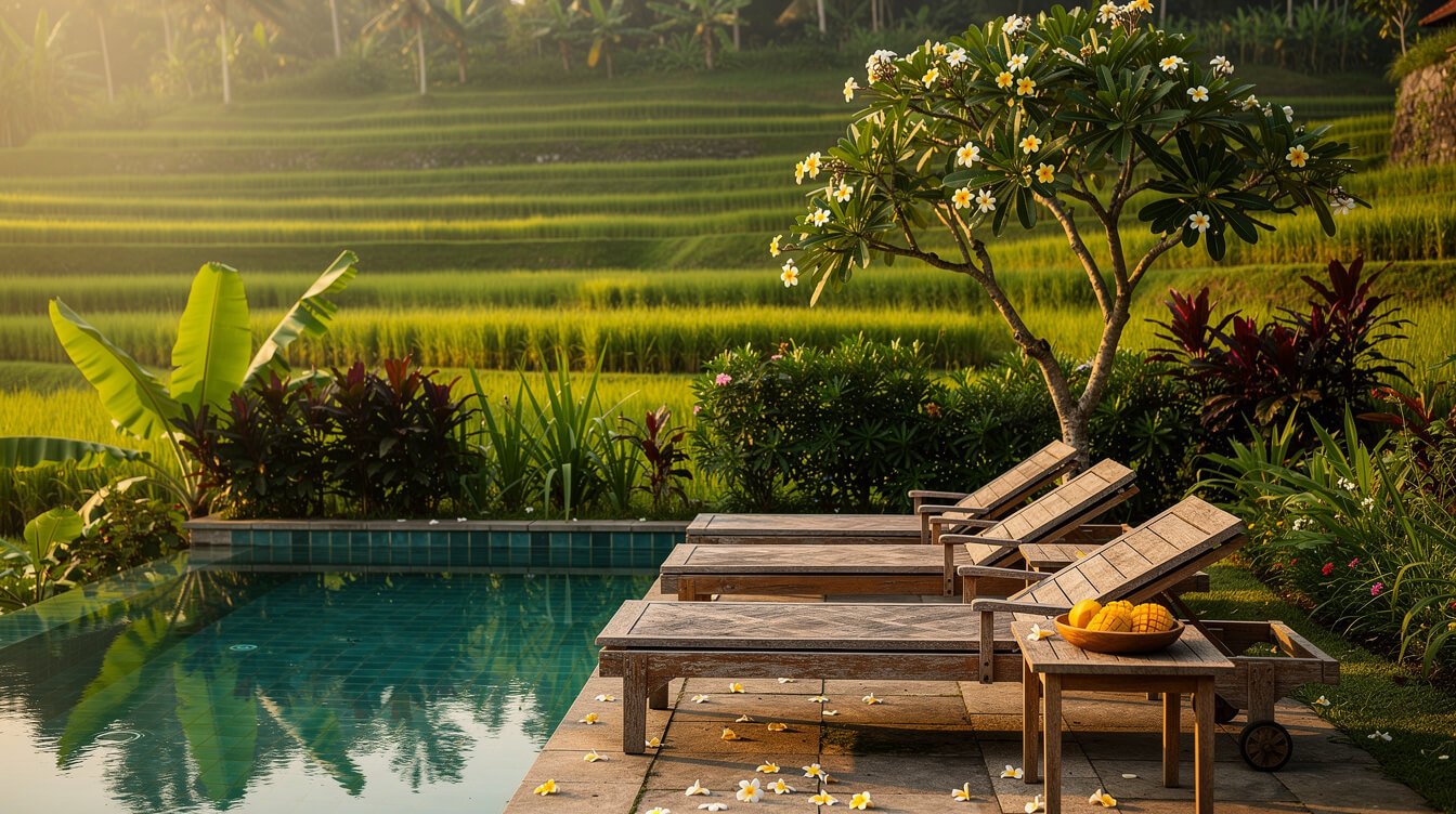 Private villa pool deck in Ubud with teak loungers, a frangipani tree, a small bowl of sliced mango and green rice terraces beyond