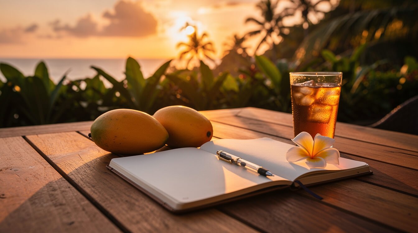Open notebook and pen on a teak terrace table at sunset in Bali beside two ripe mangoes, a frangipani flower and iced tea