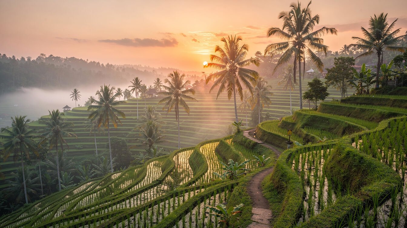 Misty Ubud rice terraces at sunrise