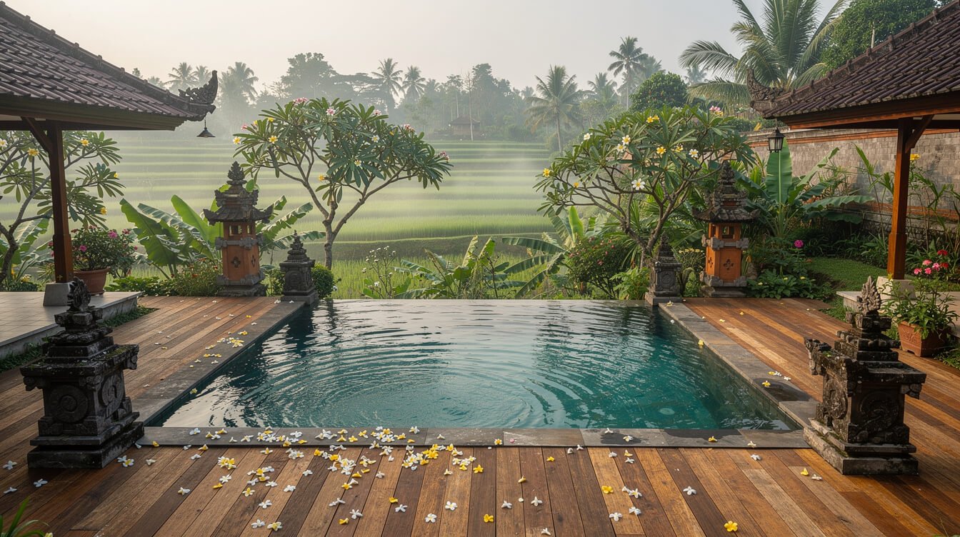 Private pool deck at a staffed villa in Ubud in morning light