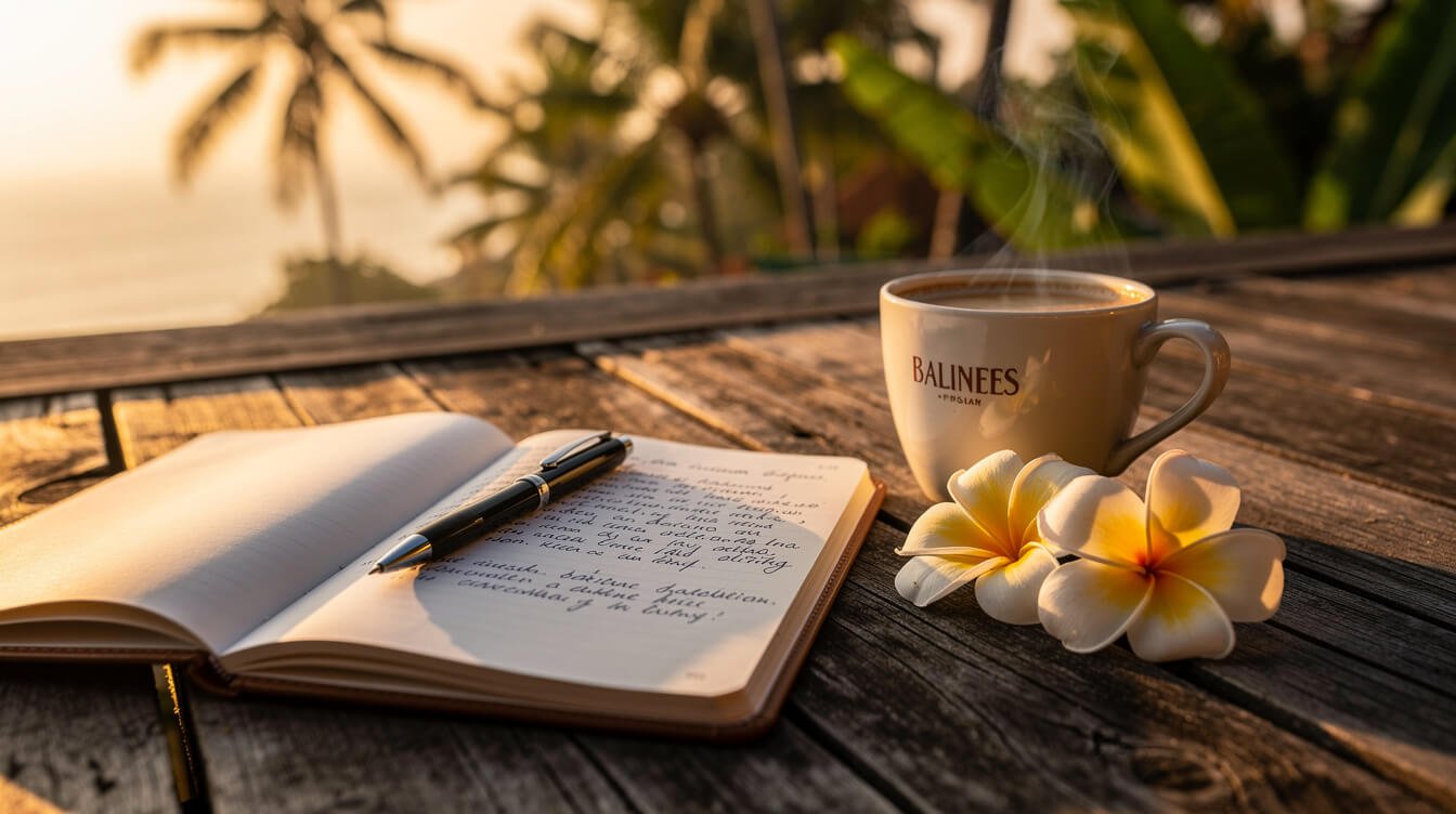 Open notebook and coffee on a wooden villa deck at sunset in Bali