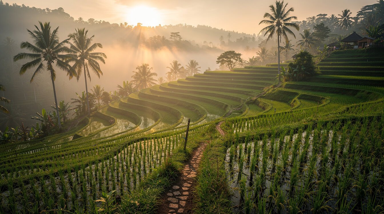 Misty Ubud rice terraces at sunrise with a narrow stone footpath and coconut palms