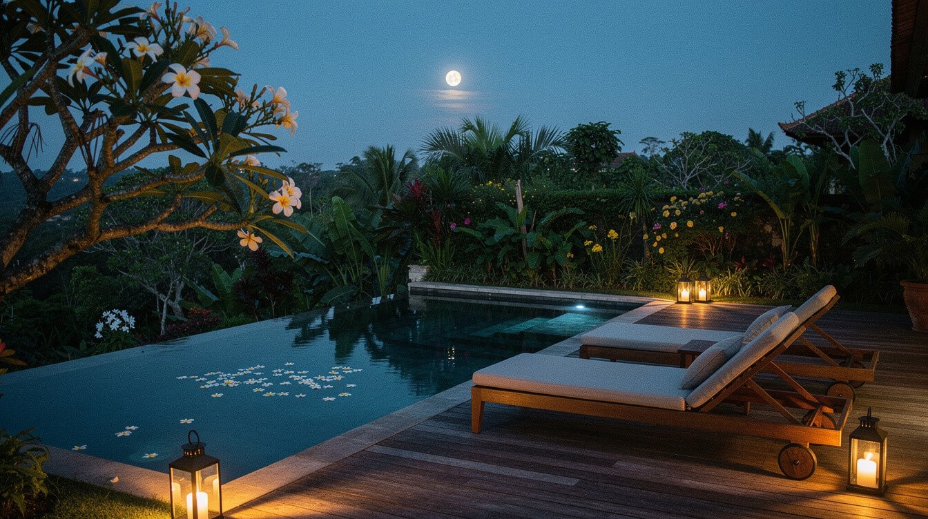 Private villa pool in Ubud at blue hour under a full moon with a timber deck, loungers, lanterns and a frangipani tree