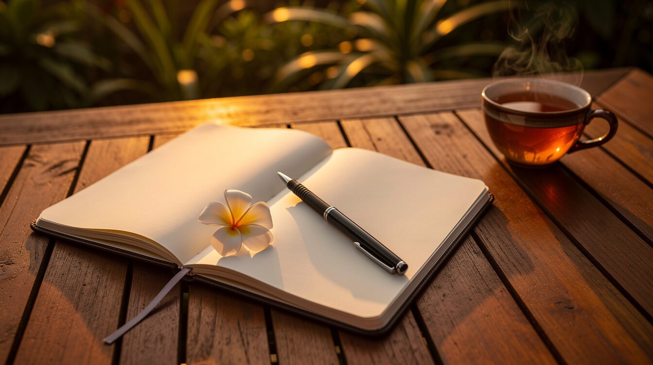 Open notebook with a pen, a frangipani flower and a cup of tea on a teak deck at sunset in Bali