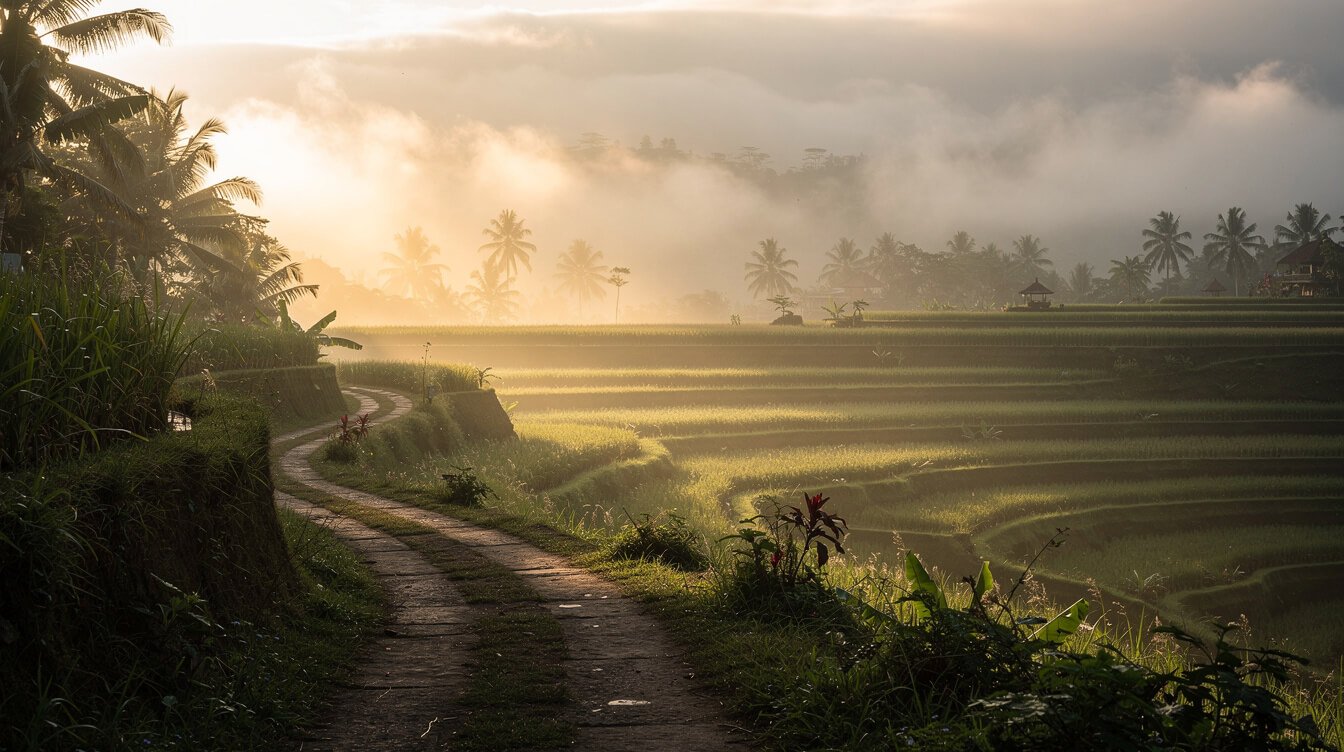 Misty Ubud rice terraces at sunrise