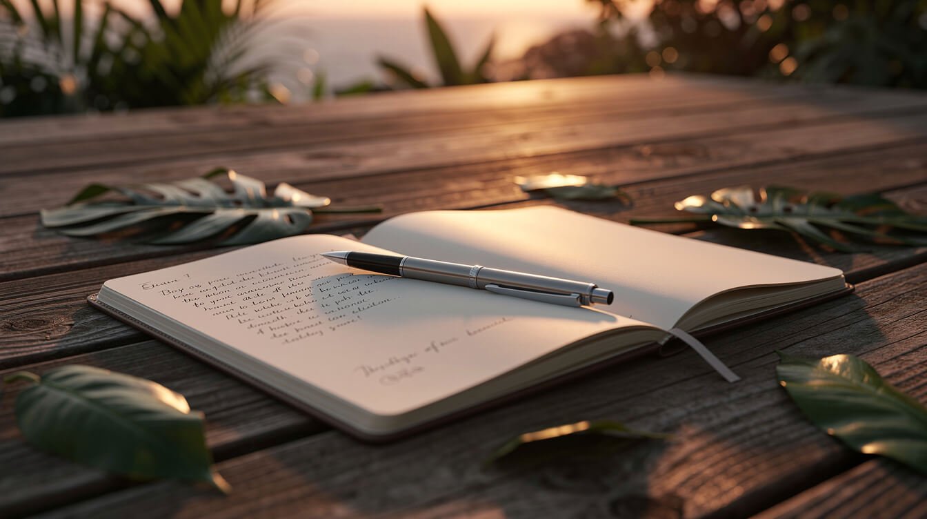 Open notebook on a wooden deck at sunset
