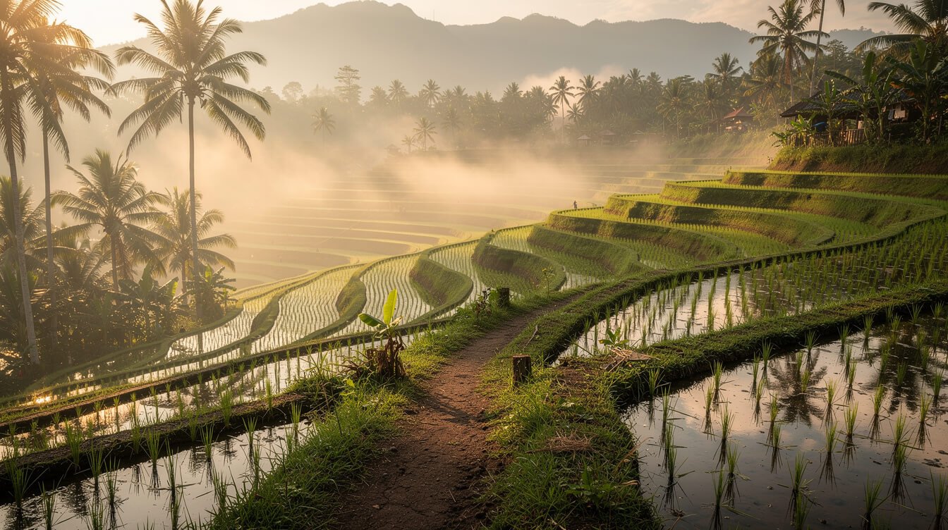 Misty Ubud rice terraces at sunrise with an earthen footpath between green paddies and coconut palms