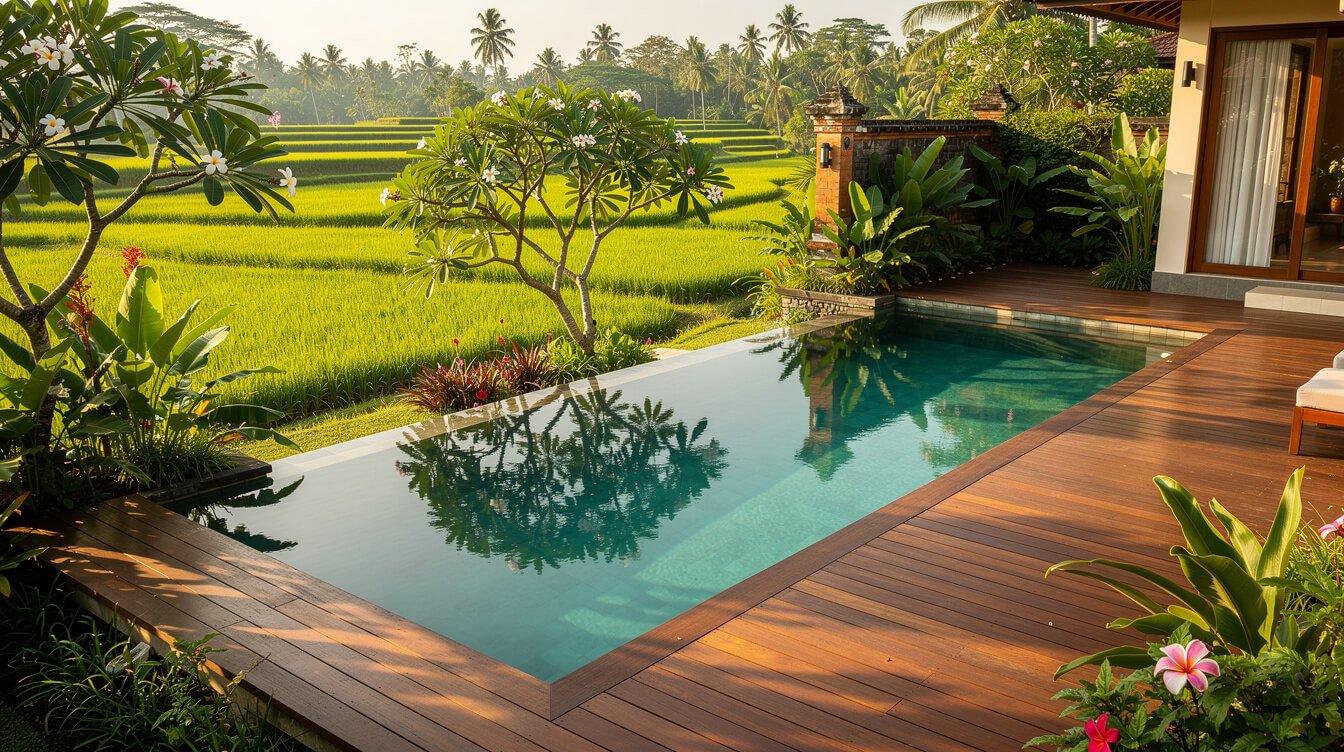 Private villa pool deck in Ubud with warm timber, a still pool and frangipani, looking toward green rice fields in late-afternoon light