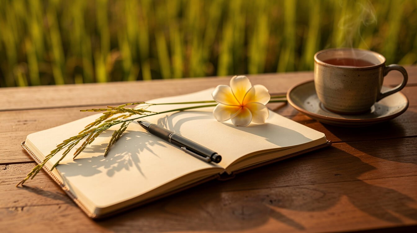Open notebook and pen on a teak terrace table at sunset in Bali beside rice stalks, a frangipani flower and a cup of tea