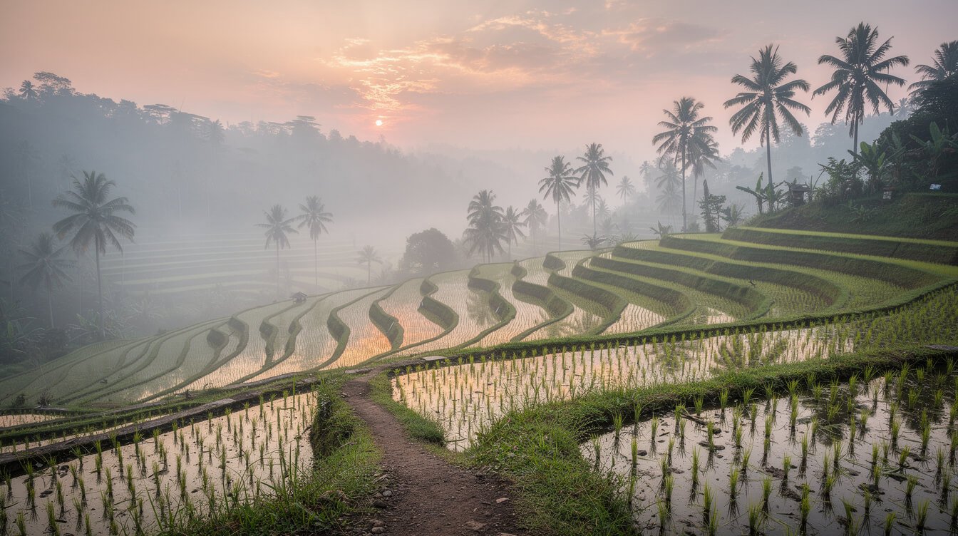 Misty Ubud rice terraces at sunrise with freshly planted seedlings in flooded paddies and an earthen path into the valley