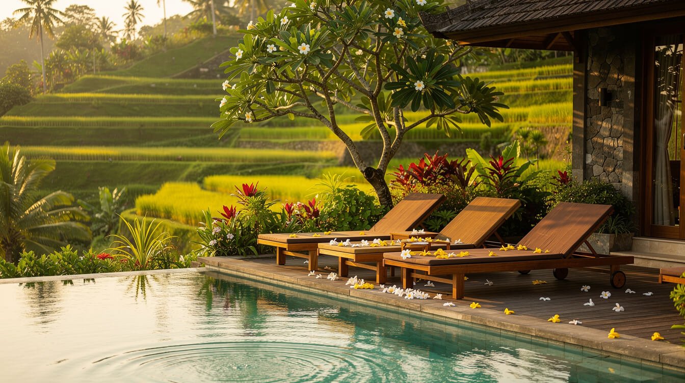 Private villa pool deck in Ubud with teak loungers, a frangipani tree and green rice terraces beyond in late afternoon light
