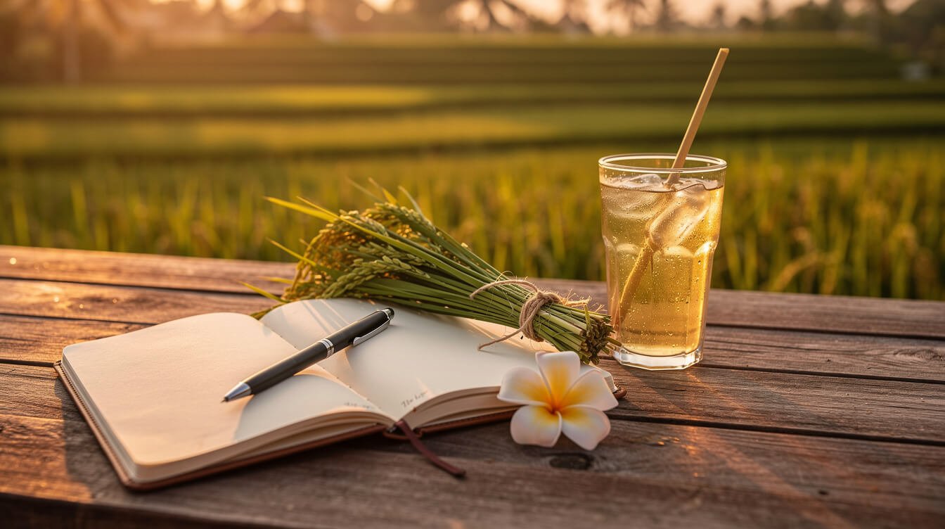 Open notebook and pen on a teak terrace table at sunset in Bali beside a bundle of rice seedlings, a frangipani flower and iced tea