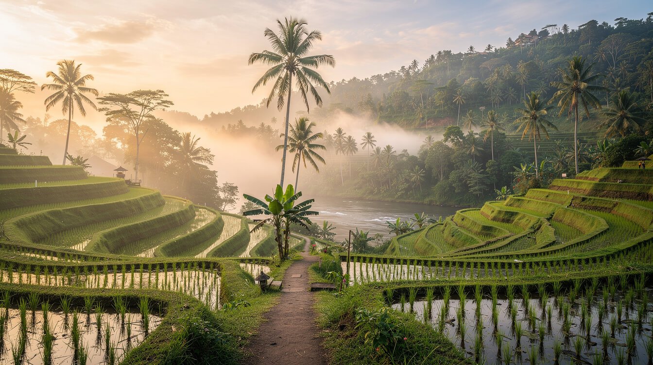 Misty Ubud rice terraces at sunrise with coconut palms and an earthen path winding down toward a jungle river valley