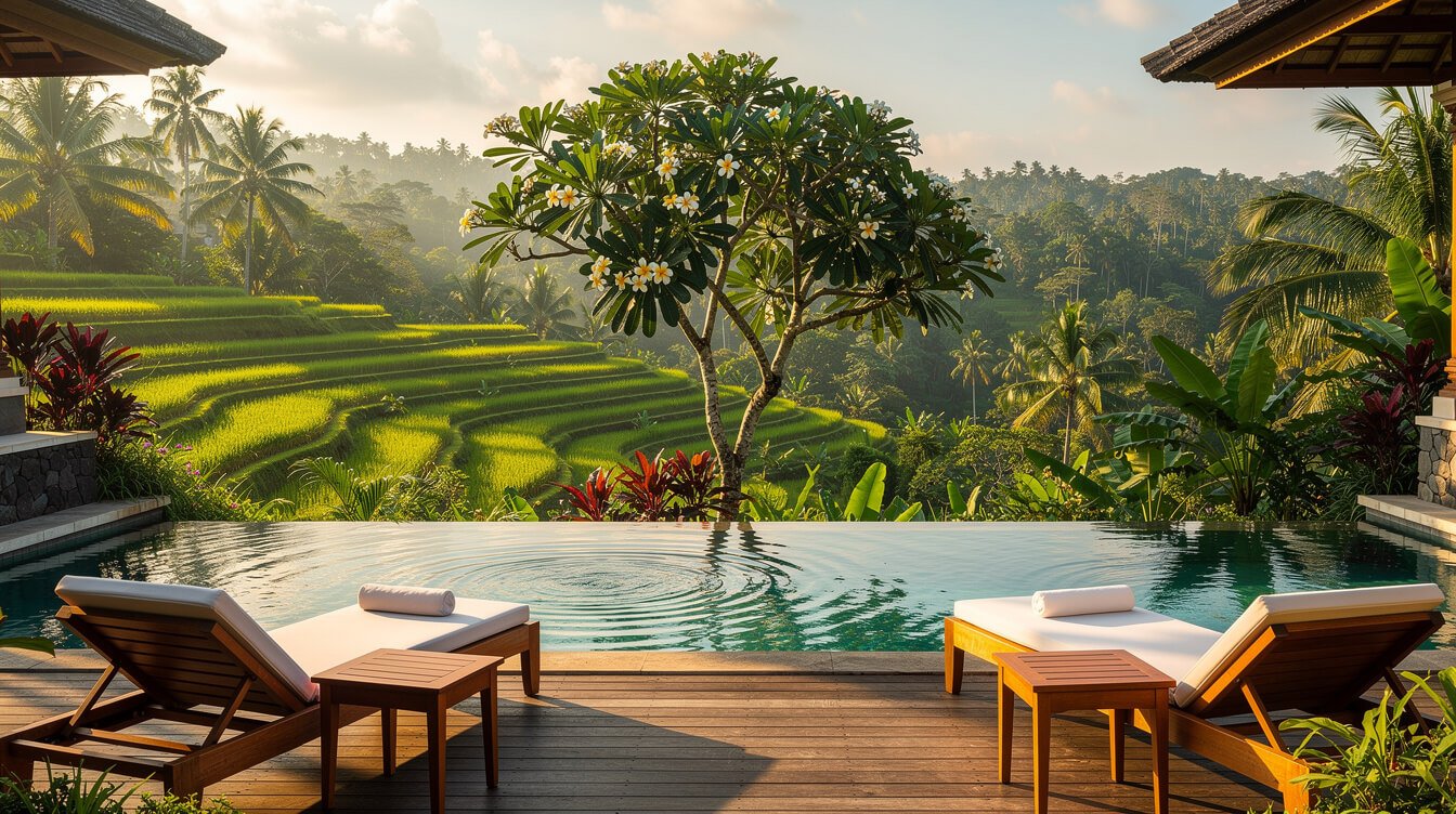 Private villa pool deck in Ubud with teak loungers, a flowering frangipani tree and a view over green rice terraces