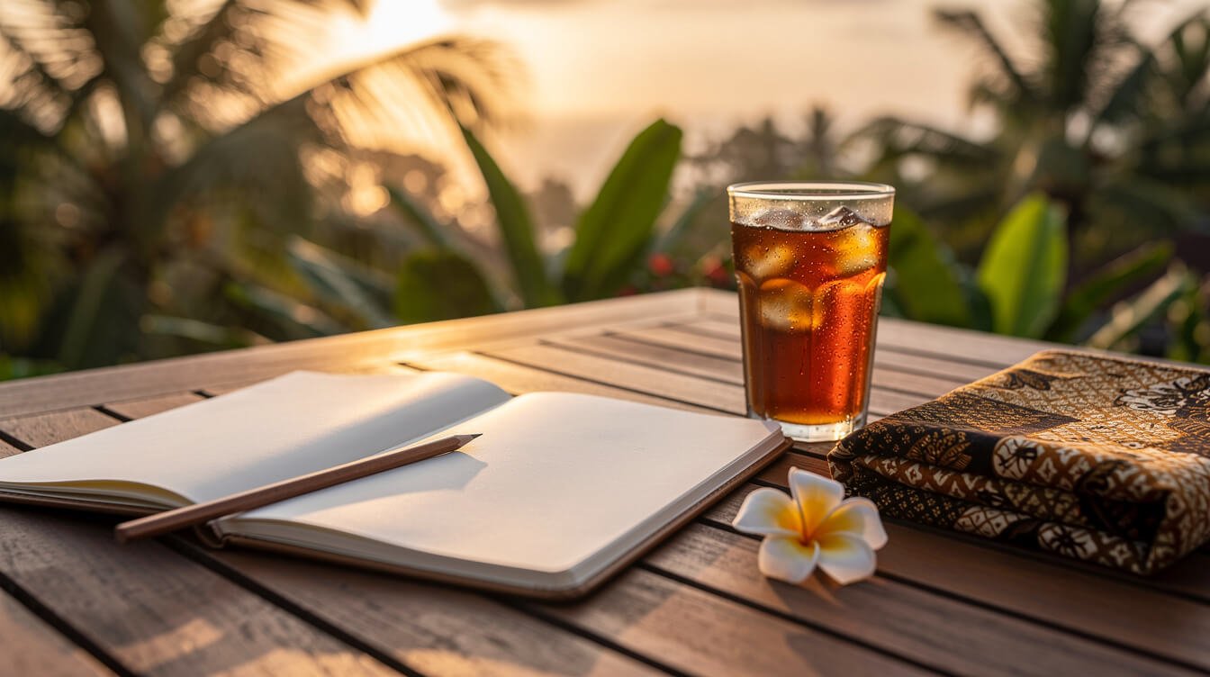 Open blank notebook and pencil on a teak terrace table in Bali at sunset with iced tea, a frangipani flower and folded batik cloth