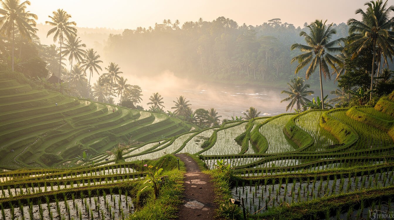 Misty Ubud rice terraces at sunrise with an earthen path leading toward a jungle river valley and coconut palms