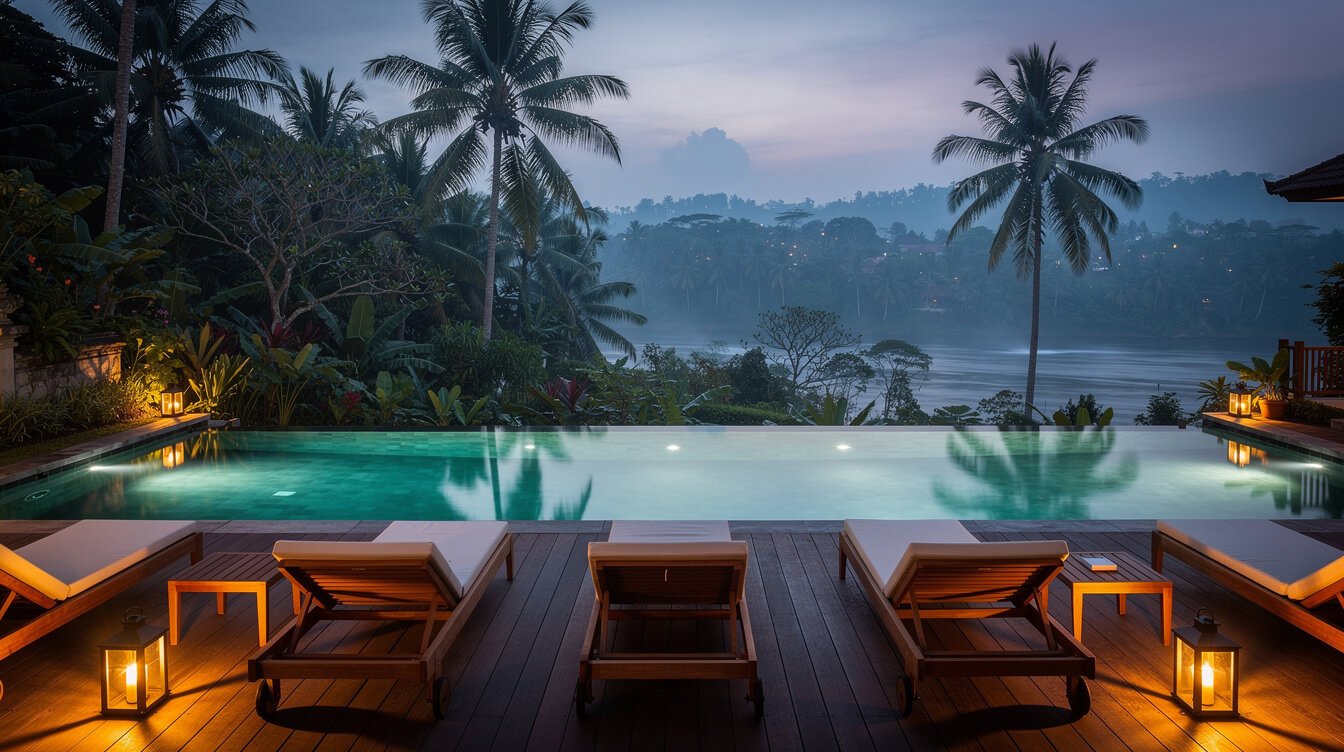 Private villa pool deck in Ubud at dusk with teak loungers, lantern glow and a river valley in blue evening haze