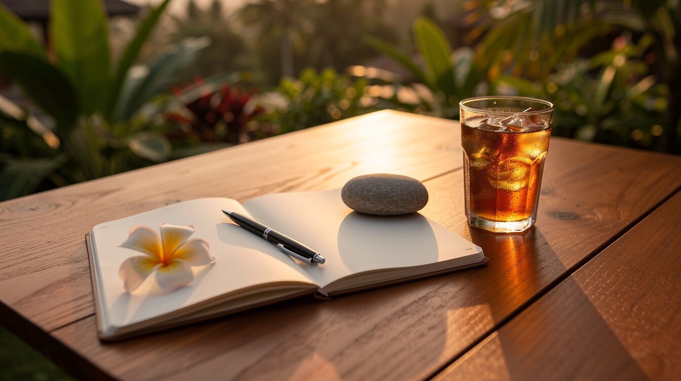 Open notebook and pen on a teak terrace table at sunset in Bali beside a river pebble, a frangipani flower and iced tea