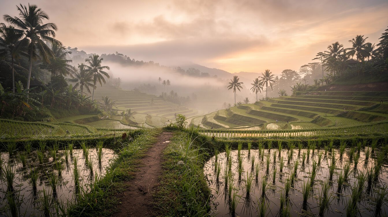 Misty Ubud rice terraces at sunrise with an earthen footpath between the paddies and coconut palms