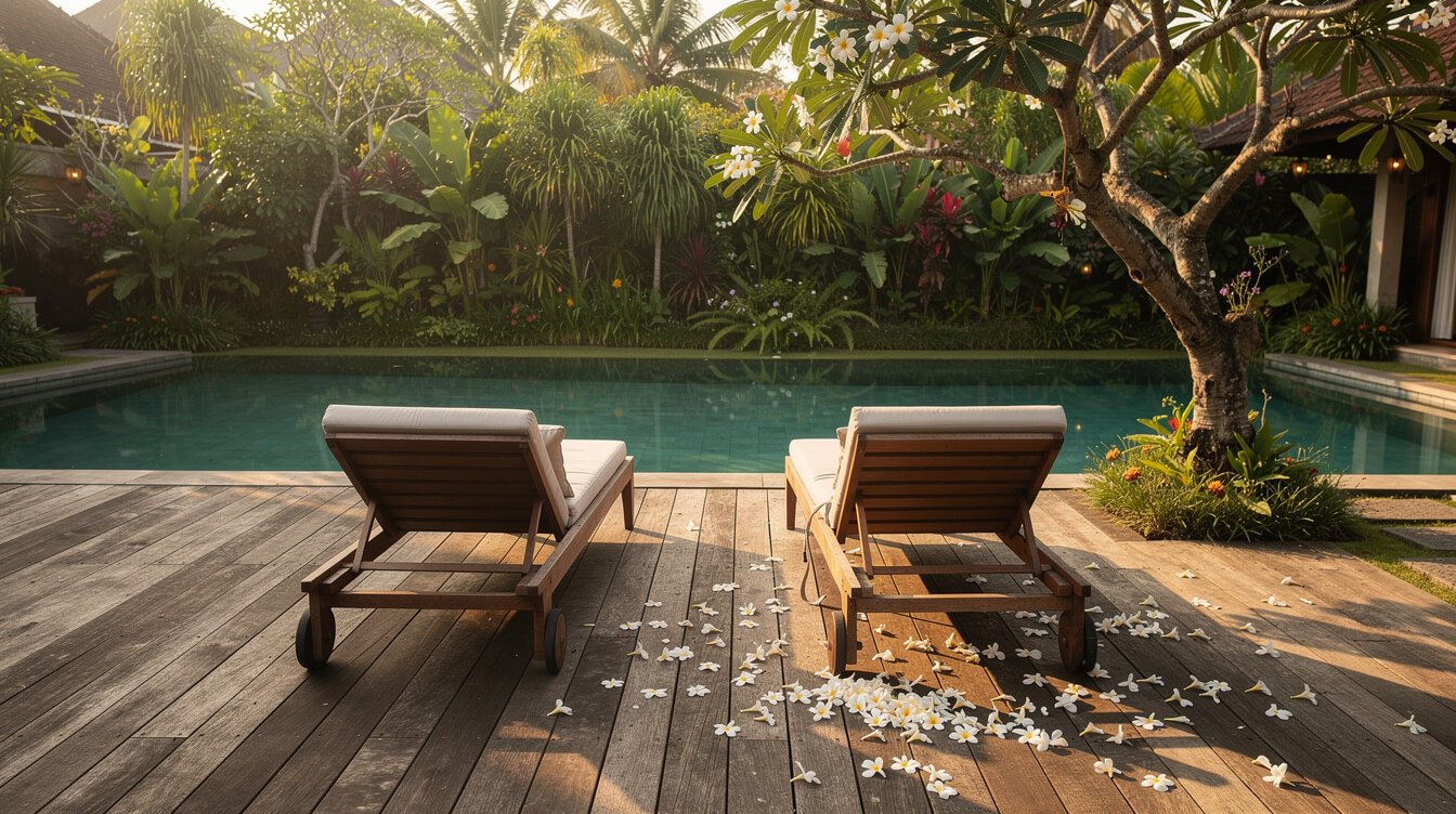 Private villa pool deck in Ubud in late-afternoon light with two timber loungers and frangipani flowers scattered on the deck