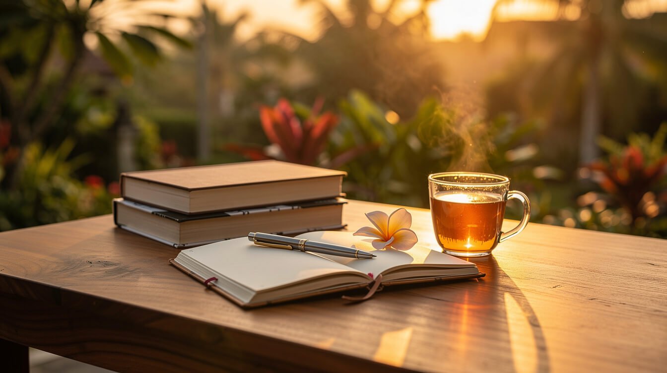 Open notebook with a pen, a stack of books, a frangipani flower and a glass of tea on a teak table at sunset in Bali