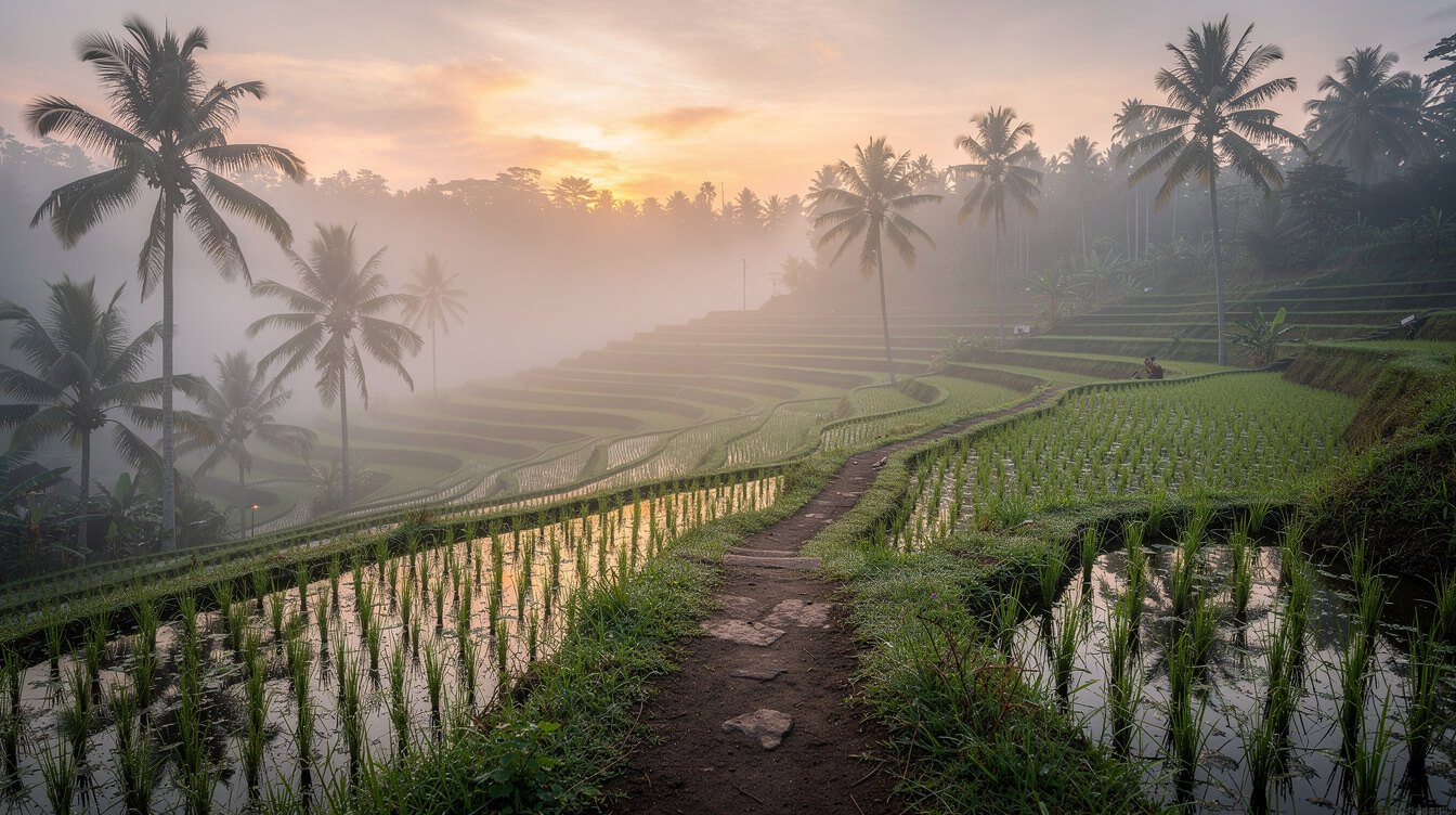 Misty Ubud rice terraces at early morning with a narrow paddy footpath and coconut palms