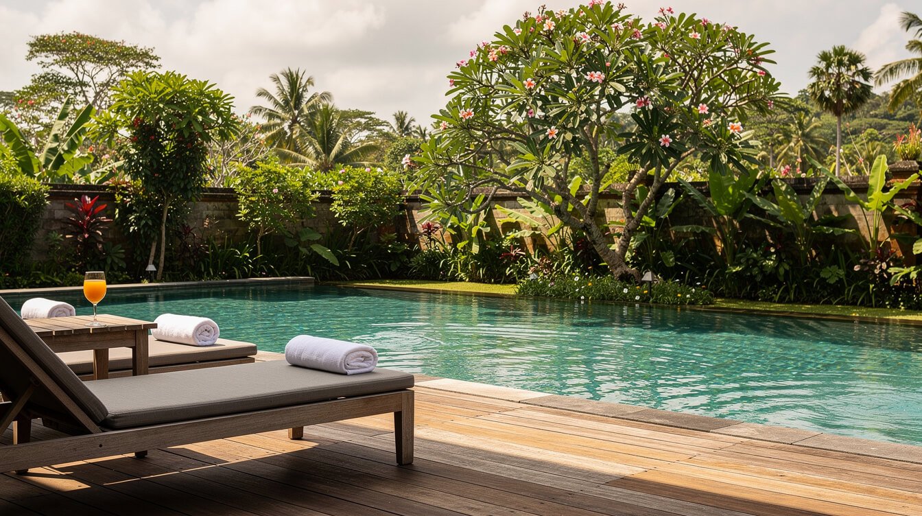 Private villa pool deck in Ubud with timber decking, loungers and a frangipani tree at midday