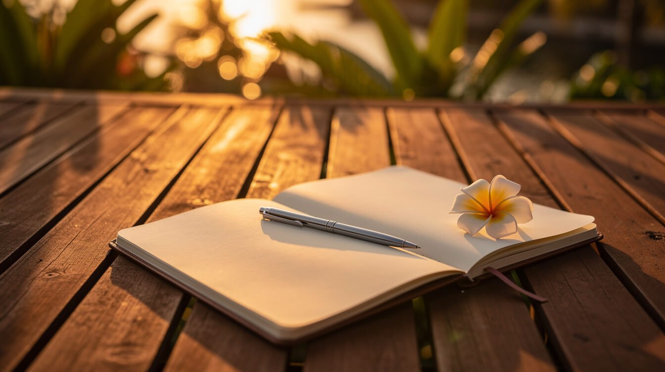 Open notebook with a pen and a frangipani flower on a teak deck at sunset in Bali
