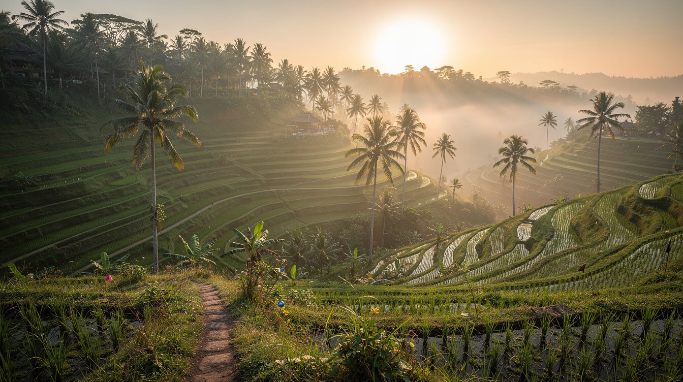 Misty Ubud rice terraces at sunrise with coconut palms and an earthen path winding down the slope