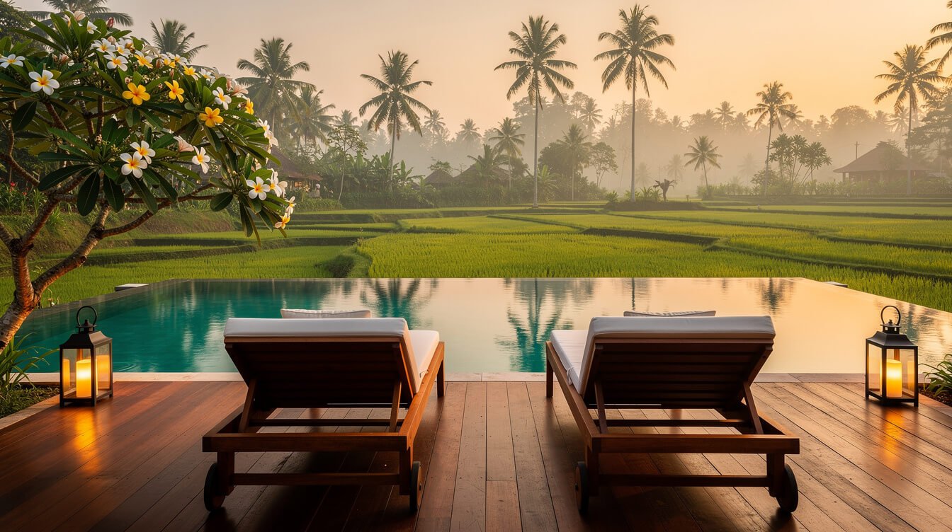 Private villa pool deck in Ubud at dusk with two teak loungers, lanterns, a flowering frangipani tree and rice fields beyond