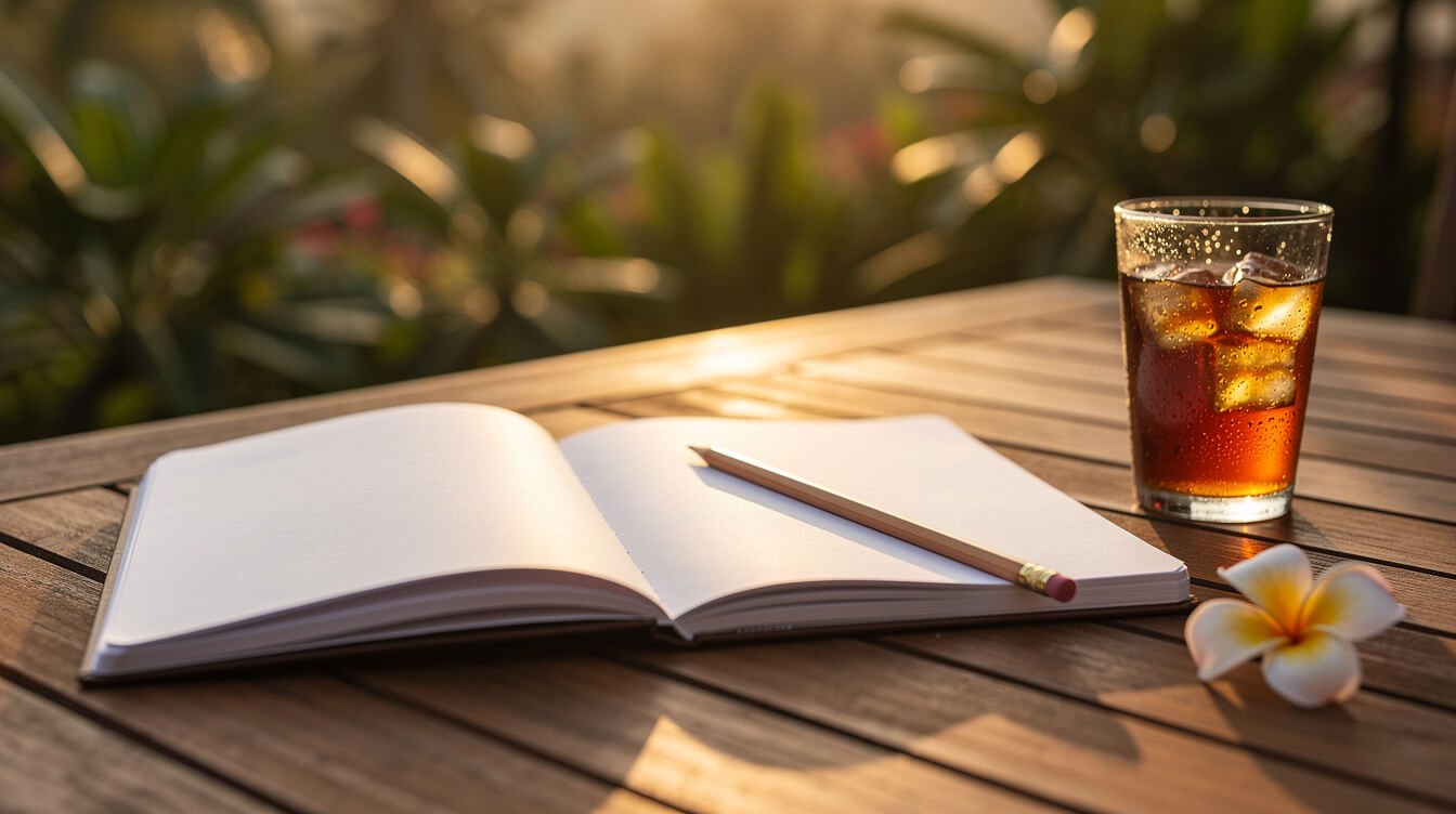 Open blank notebook and pencil on a teak terrace table in Bali at sunset with iced tea and a frangipani flower