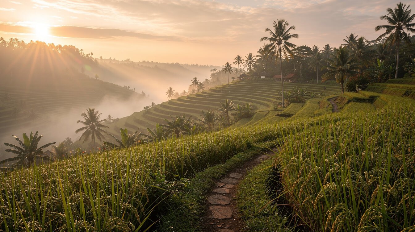 Misty Ubud rice terraces with a footpath at sunrise