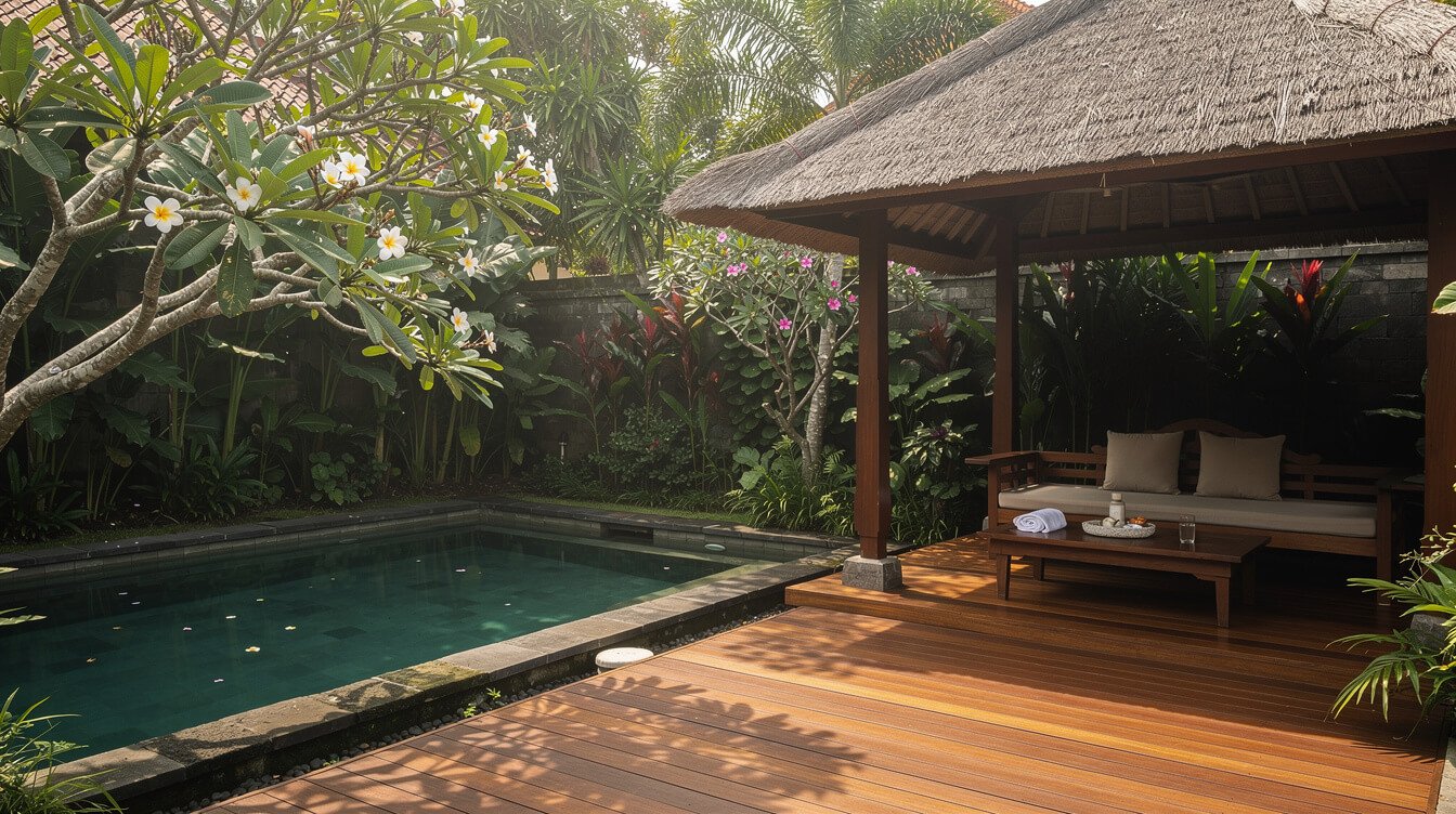Private pool deck and tropical garden at a staffed villa in Ubud