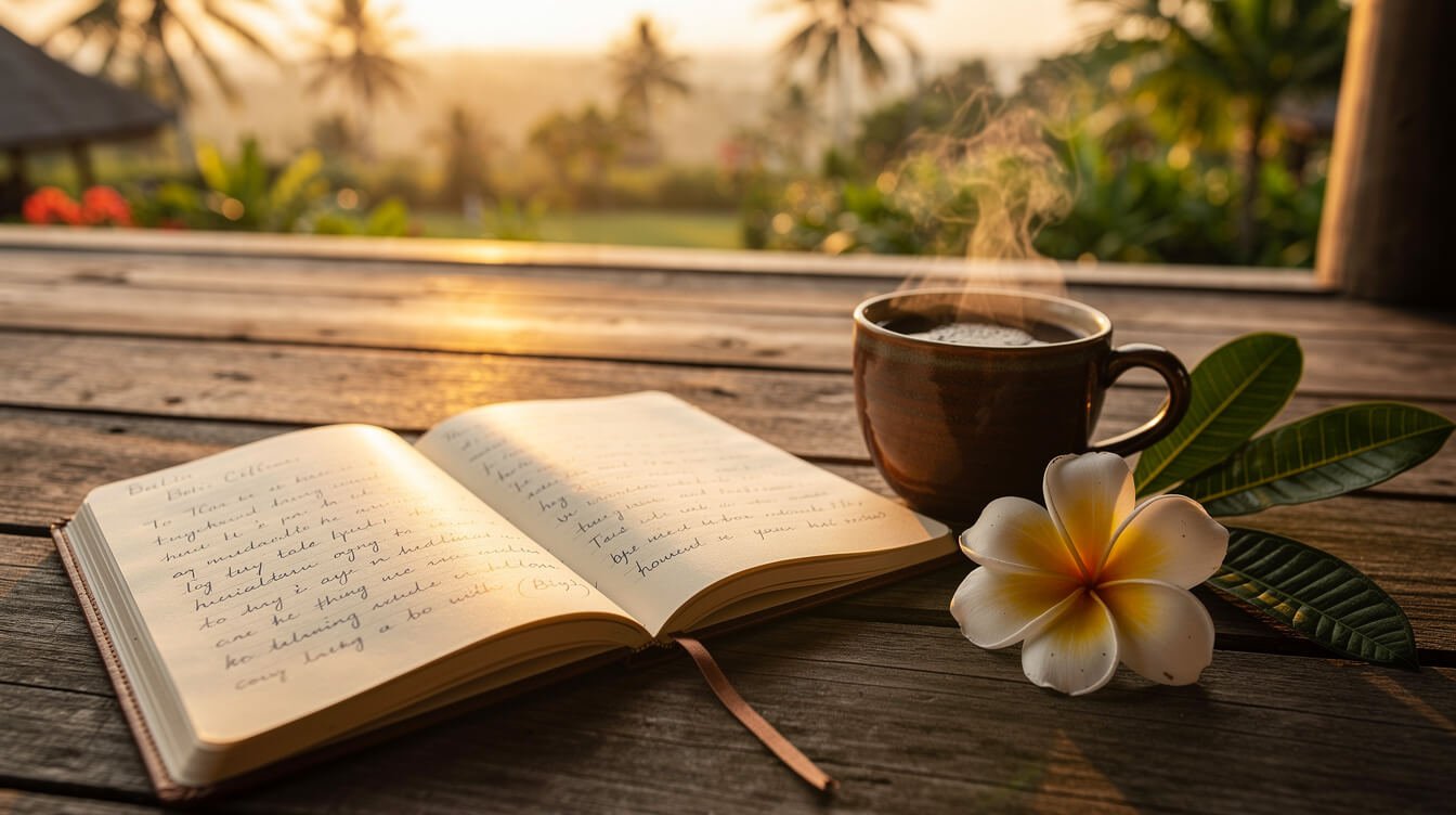 Open notebook and coffee on a wooden villa deck at sunset in Bali