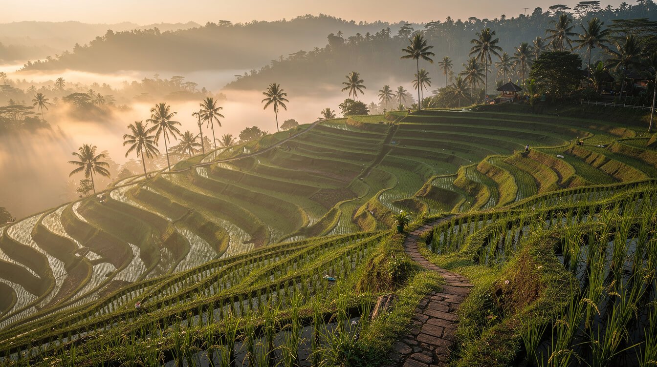 Misty Ubud rice terraces at sunrise