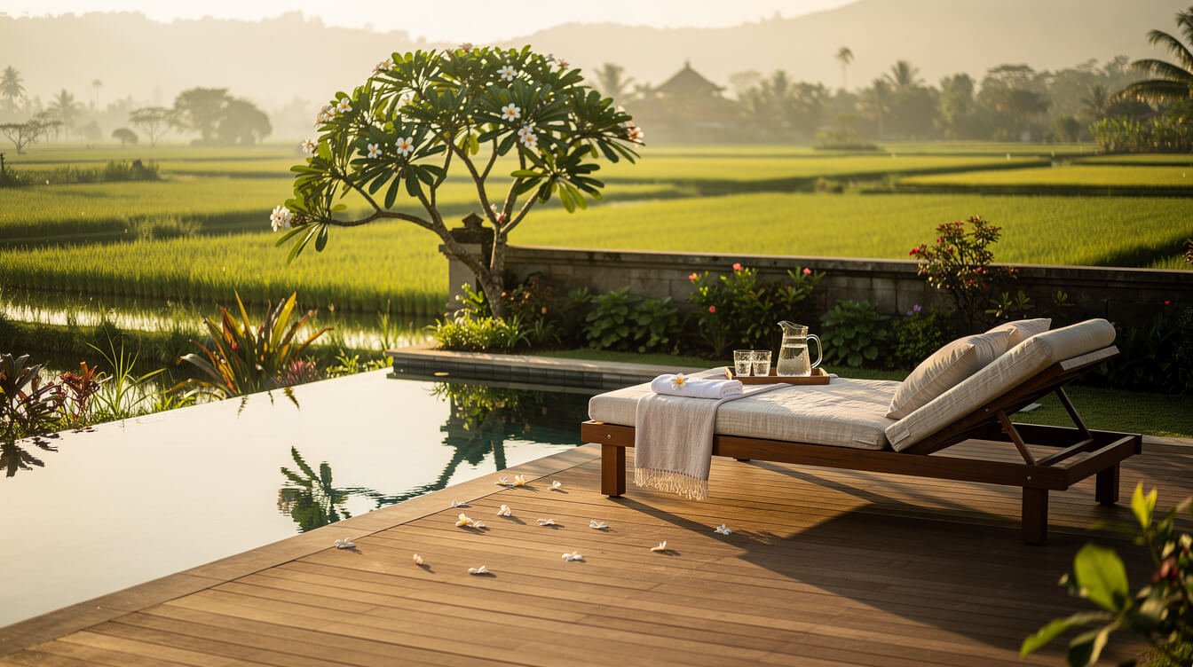 Private pool deck at a staffed villa in Ubud at golden hour