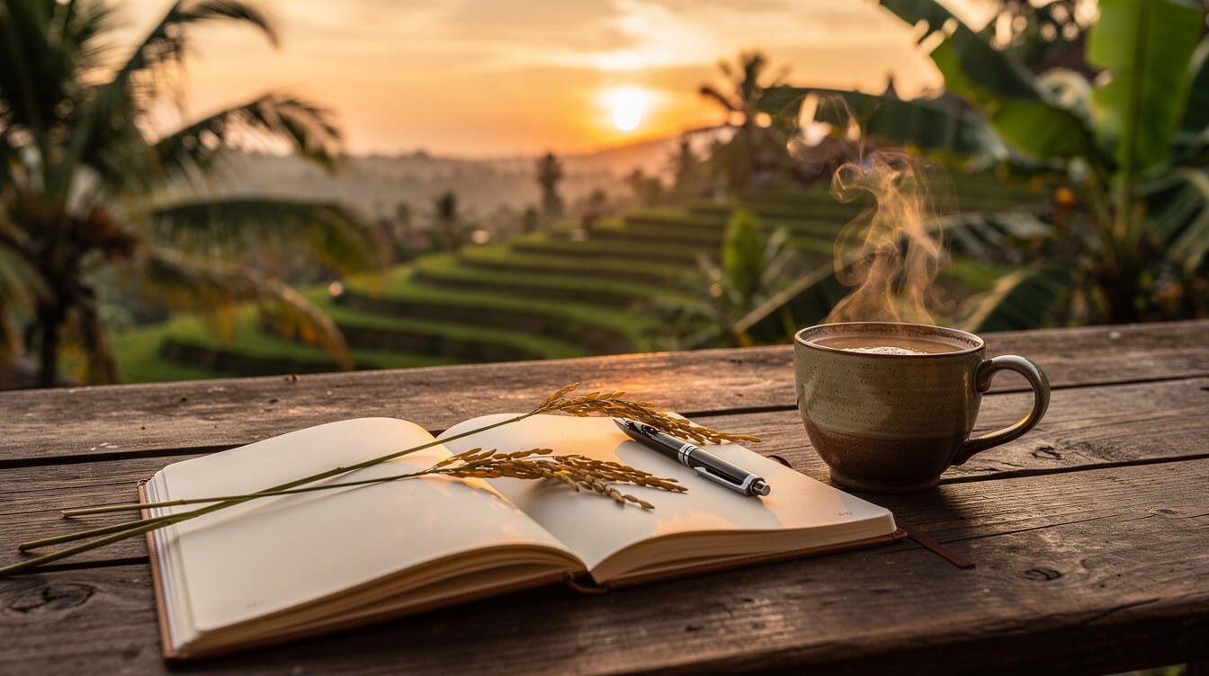 Open notebook and coffee on a wooden villa deck at sunset in Bali
