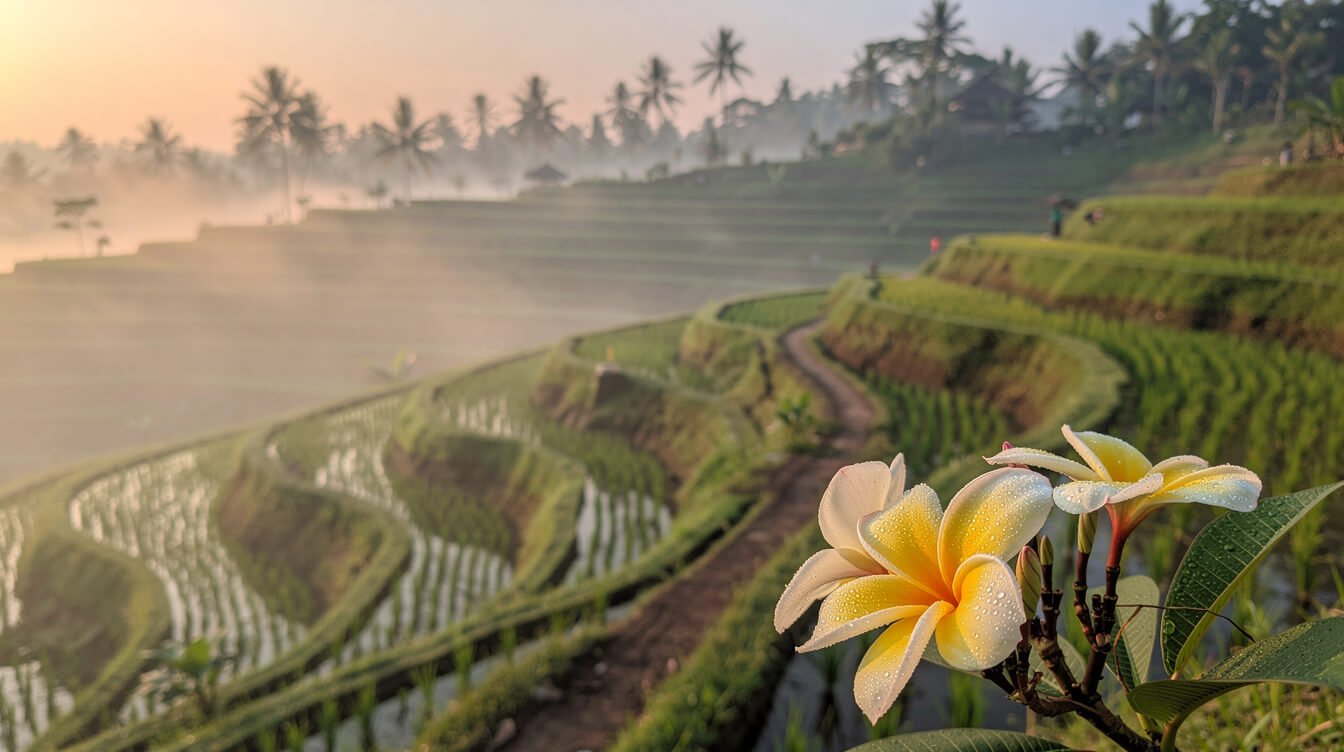 Misty rice terraces at sunrise near an Ubud villa