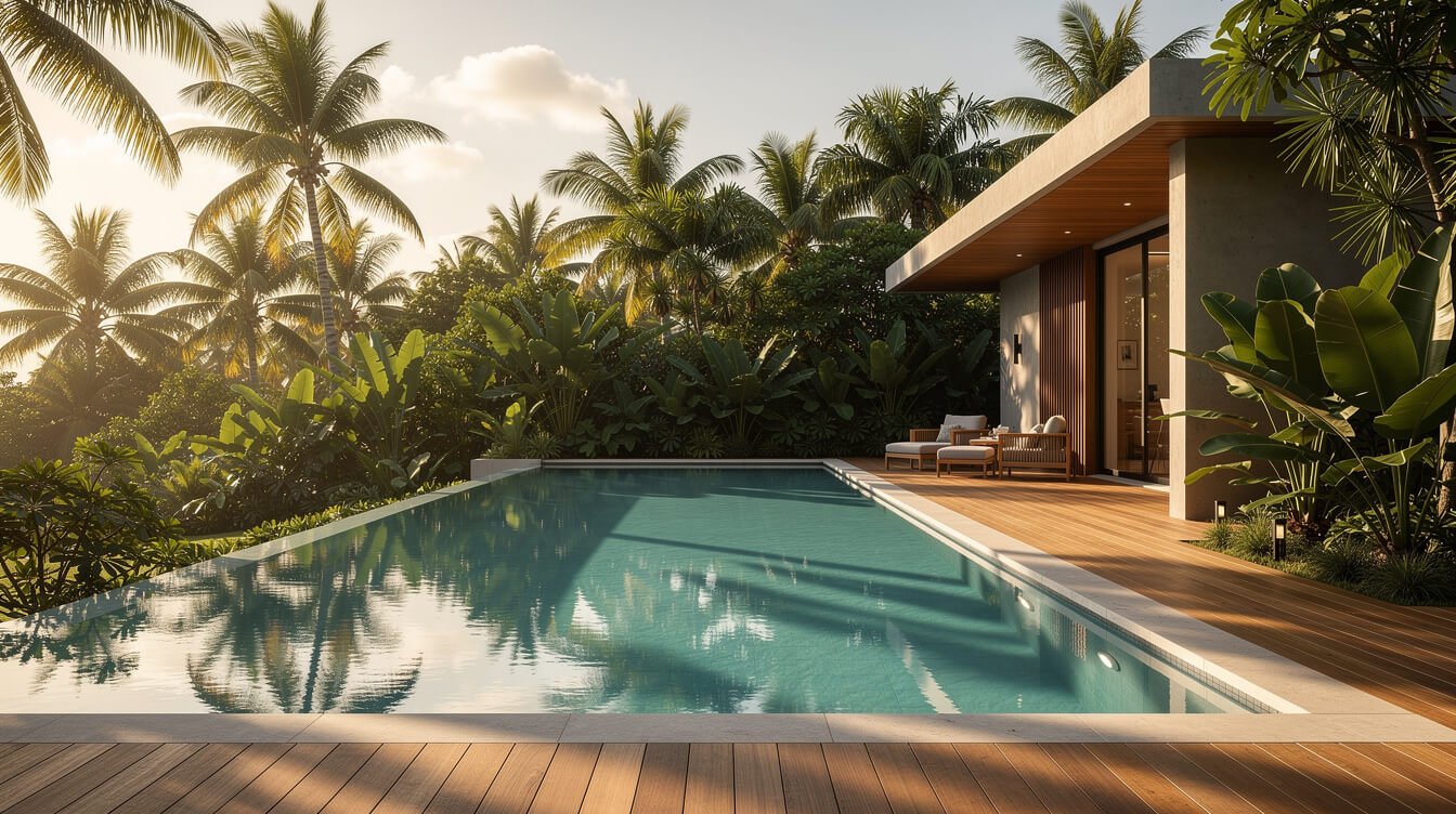 Private pool deck of a staffed villa in Ubud at golden hour
