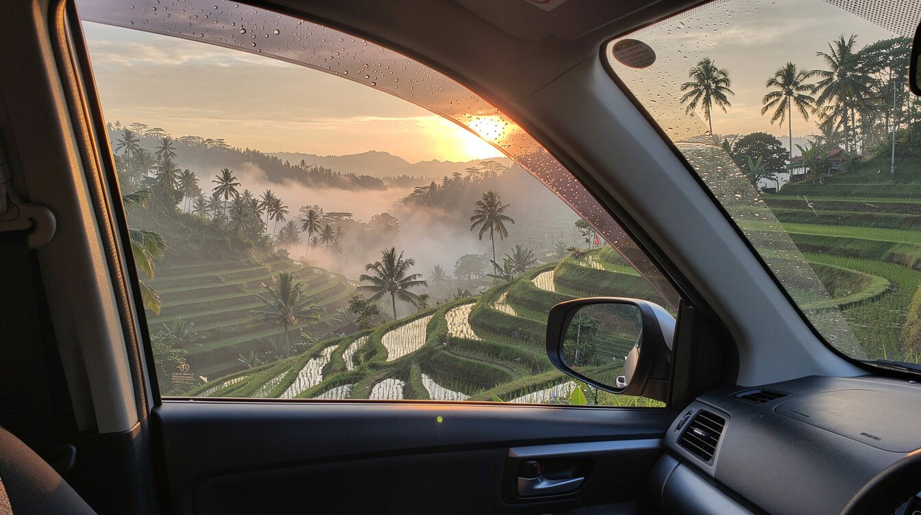 Misty rice terraces at sunrise seen from a car window near Ubud