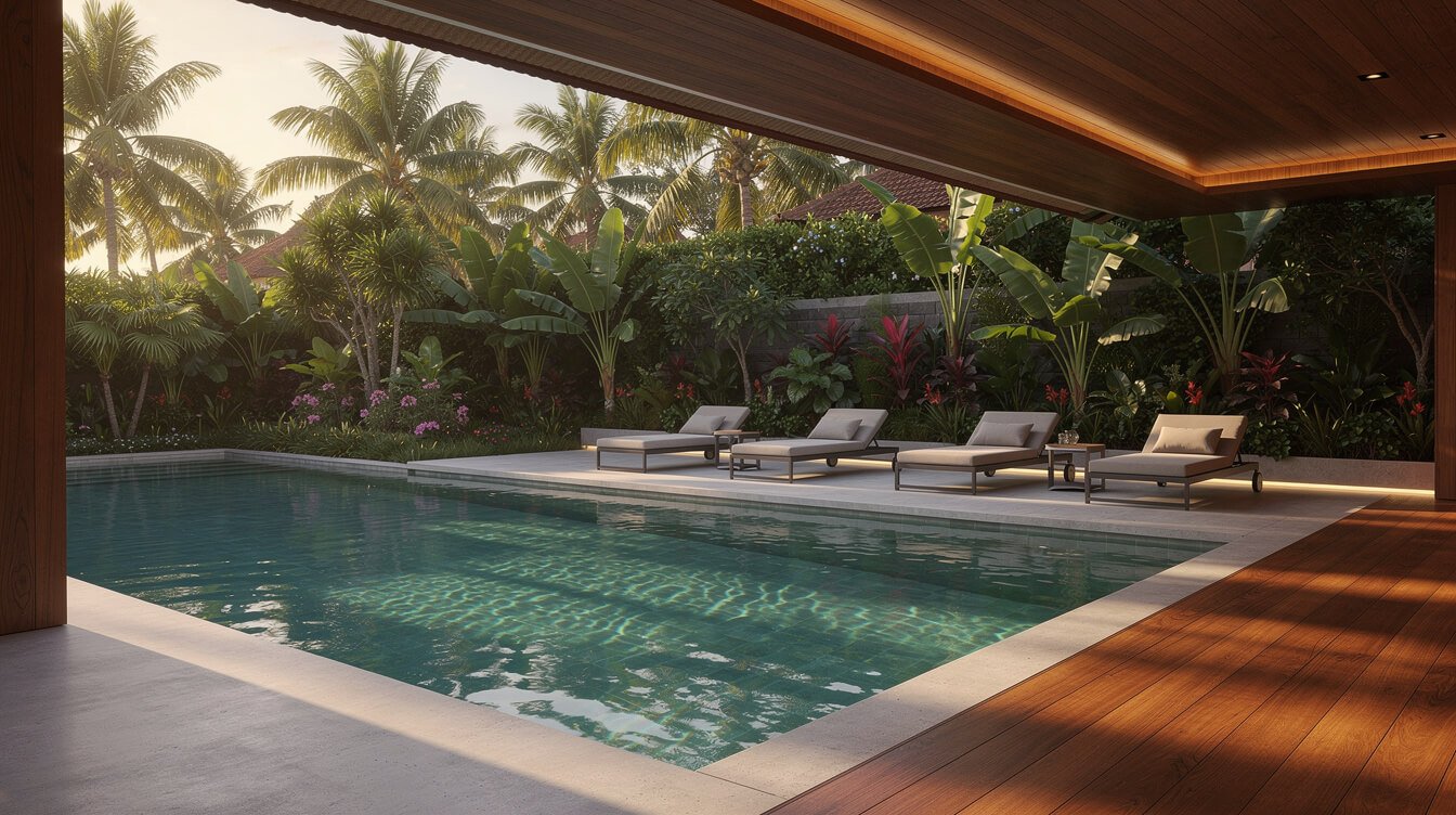 Private pool deck of a staffed villa in Ubud at golden hour