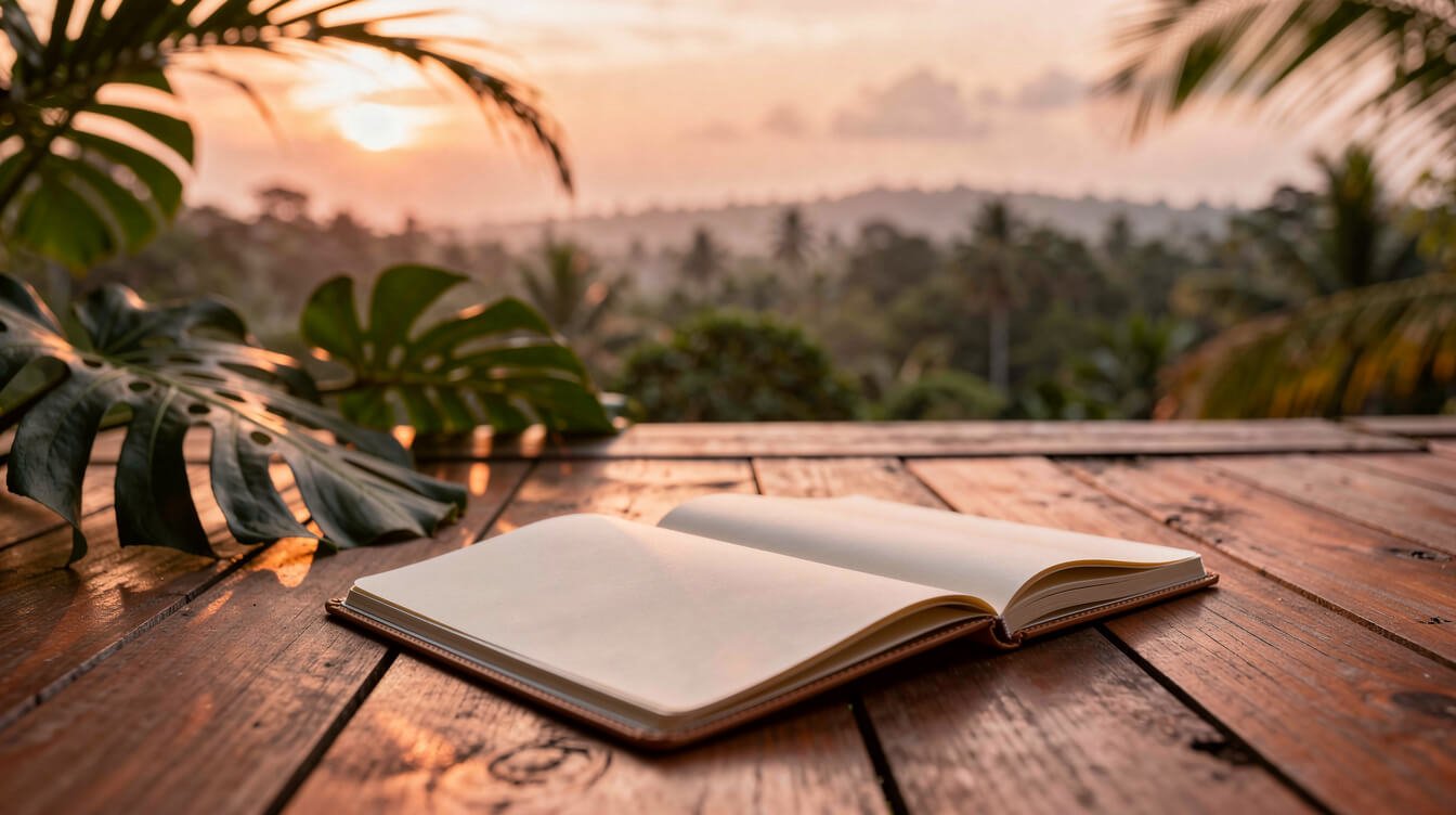 Open notebook on a sunset deck at an Ubud villa