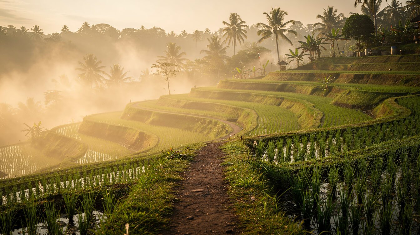 Misty rice terraces at sunrise near an Ubud villa