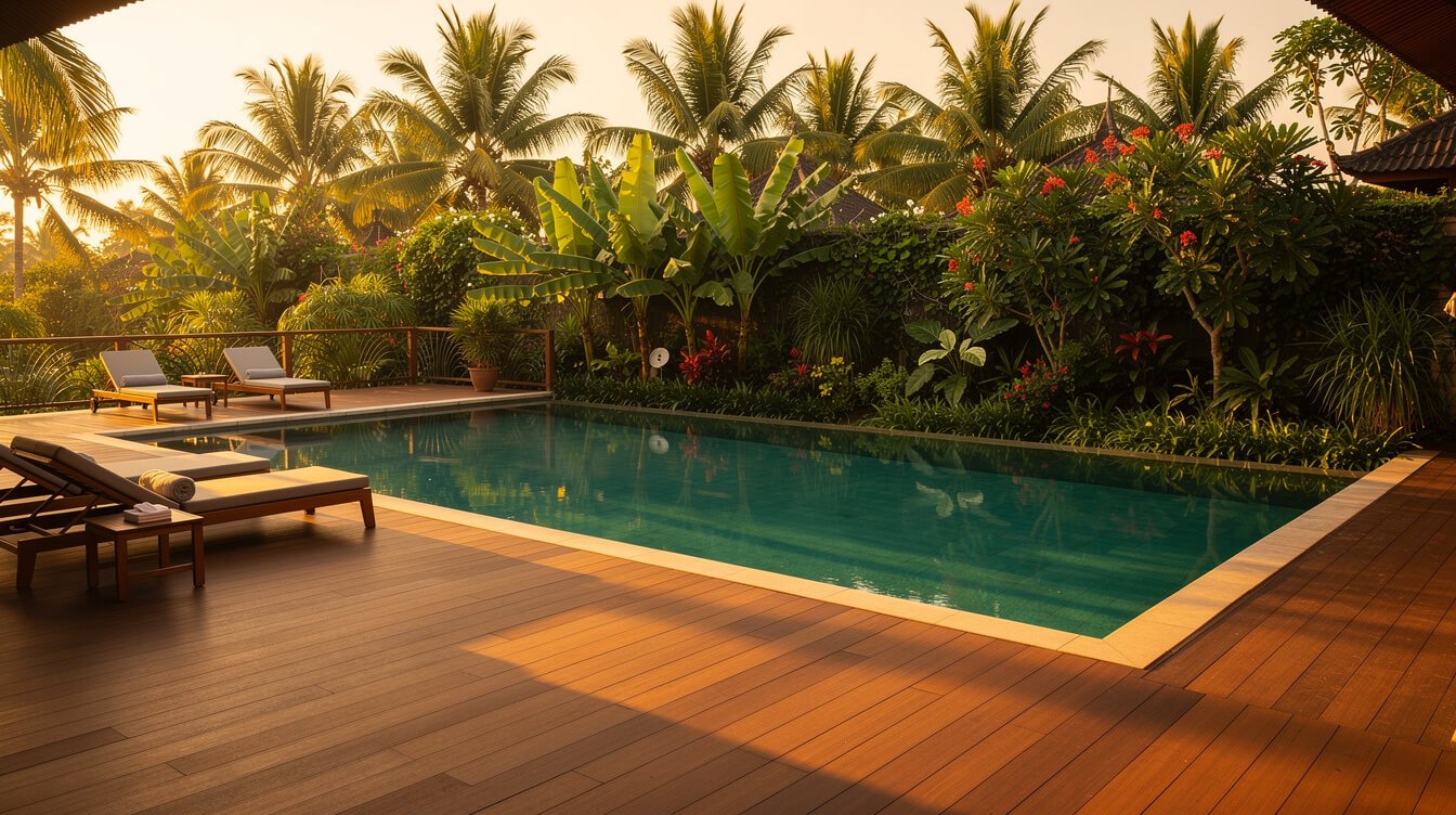 Private pool deck of a staffed villa in Ubud at golden hour