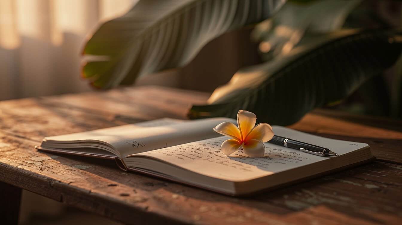 Open notebook on a sunset deck at an Ubud villa