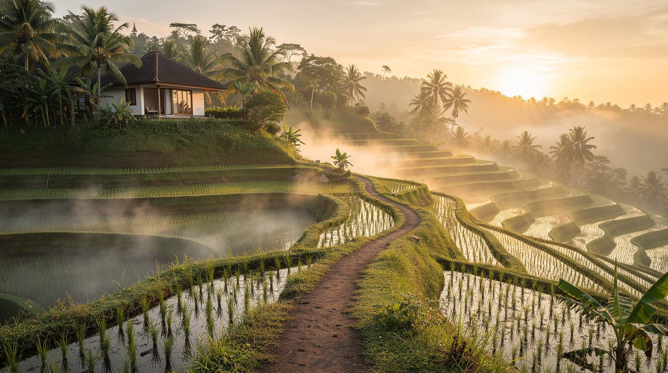 Misty rice terraces at sunrise near an Ubud villa