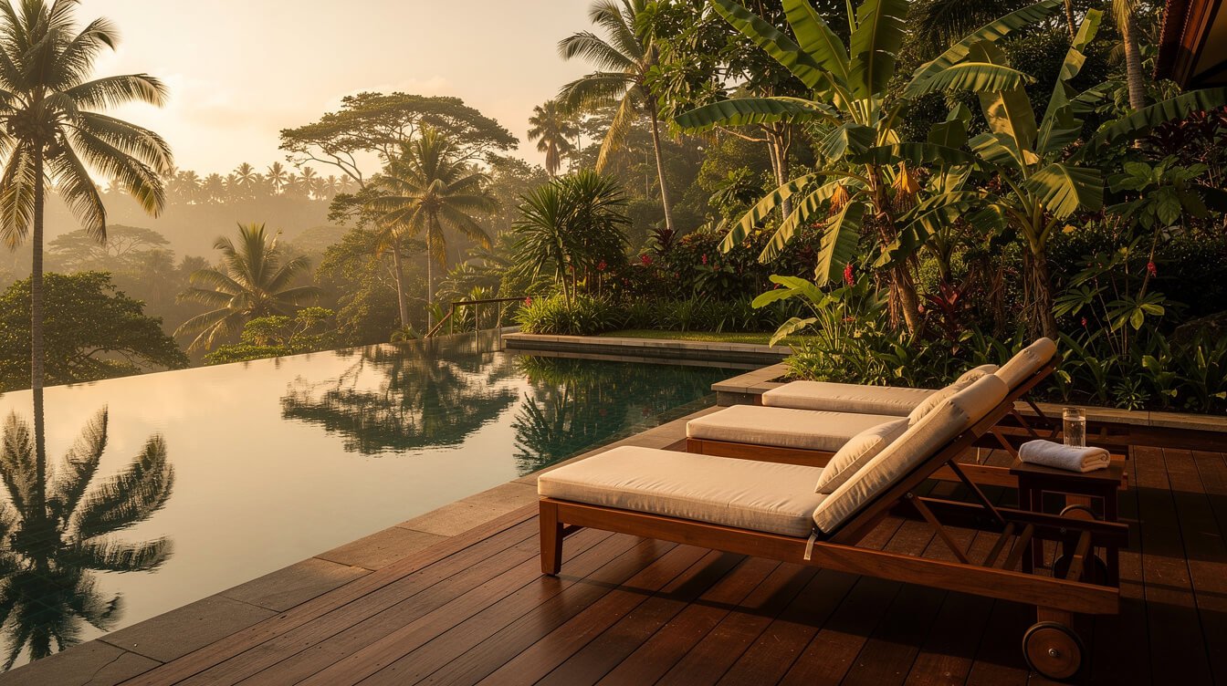 Private pool deck of a staffed villa in Ubud at golden hour