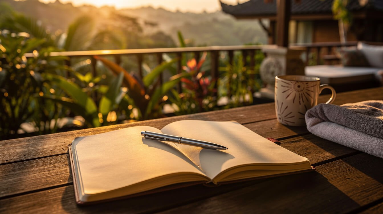 Open notebook on a sunset deck at an Ubud villa